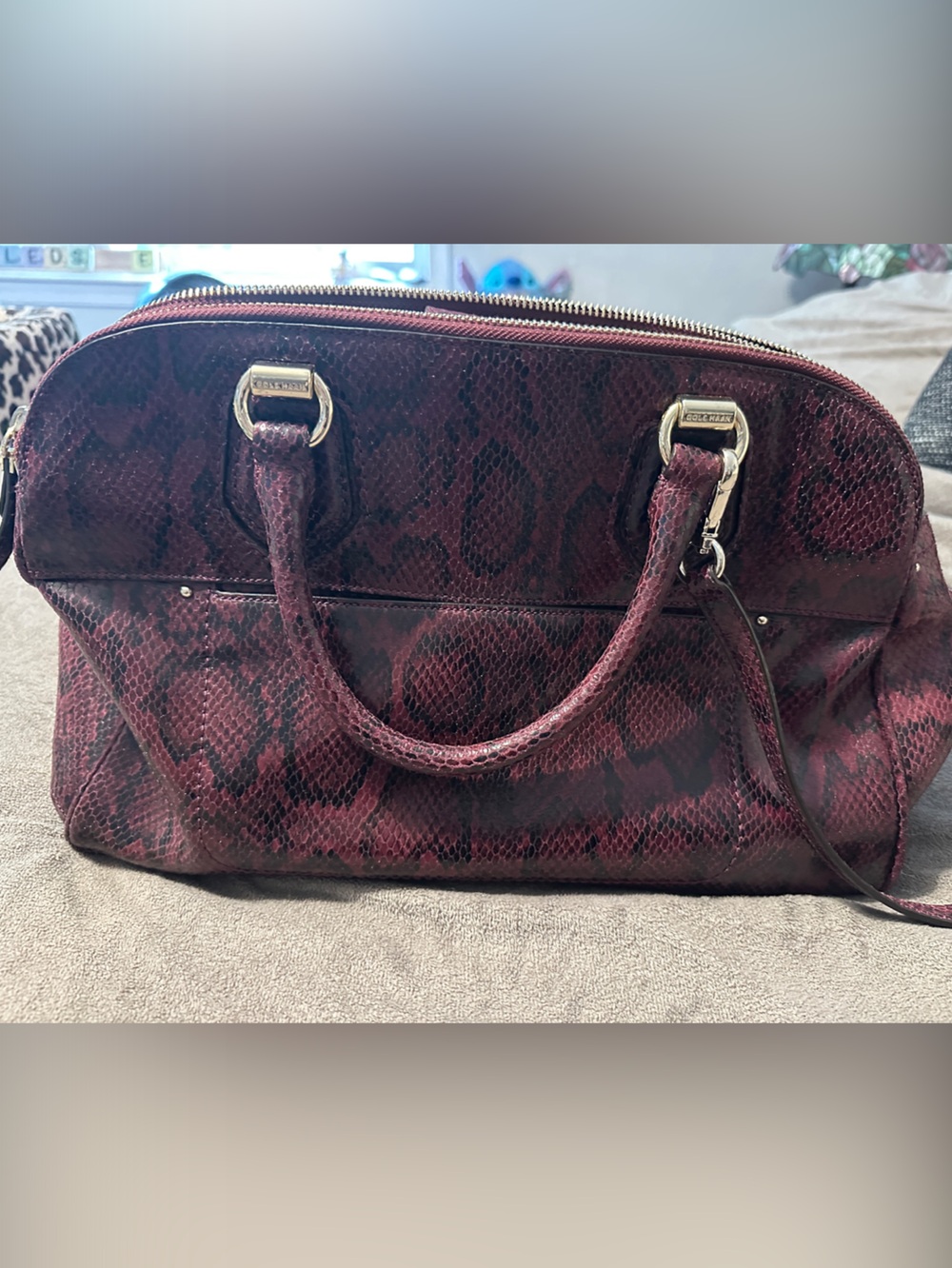 Cole Haan Burgundy Snake-Print Satchel with Gold Hardware